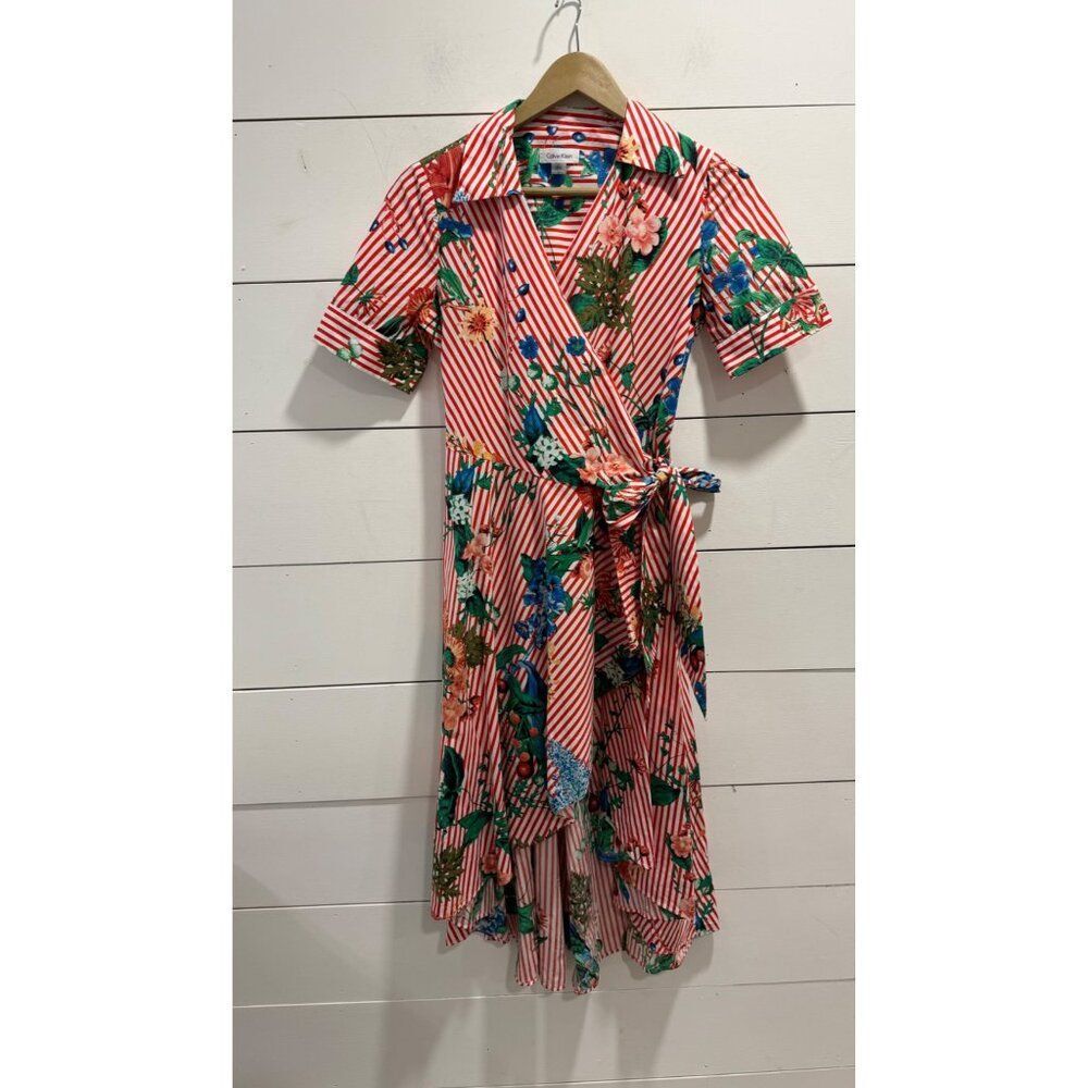 Calvin Klein Red Striped Floral High Low Dress